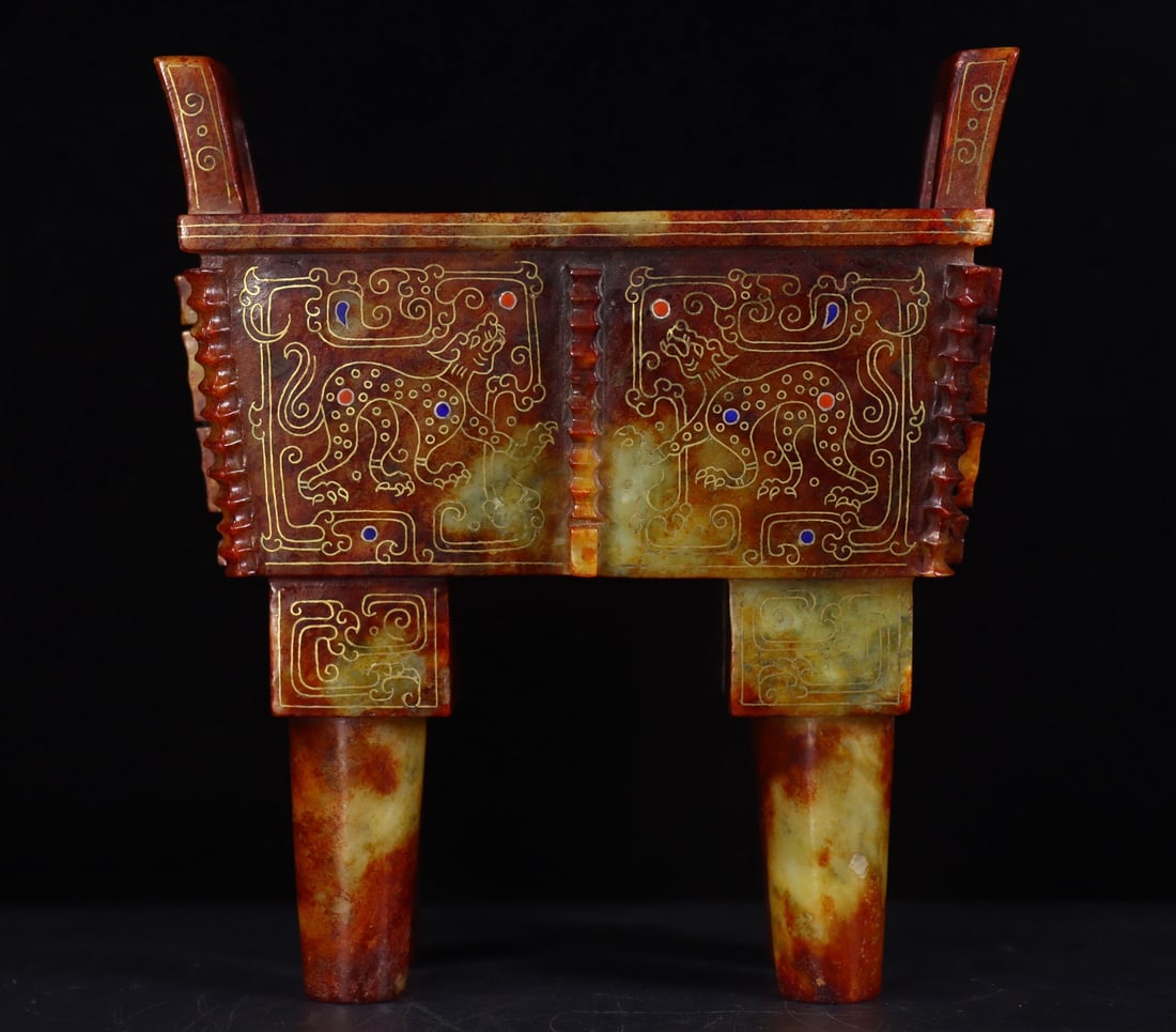 A Exquisite Hotan Jade Gold and Silver Inlaid Gems Censer: A Exquisite Hotan Jade Gold and Silver Inlaid Gems Censer,Qing Dynasty, China,Size:8.1inx7.3inx3.7in,Weight:2032g