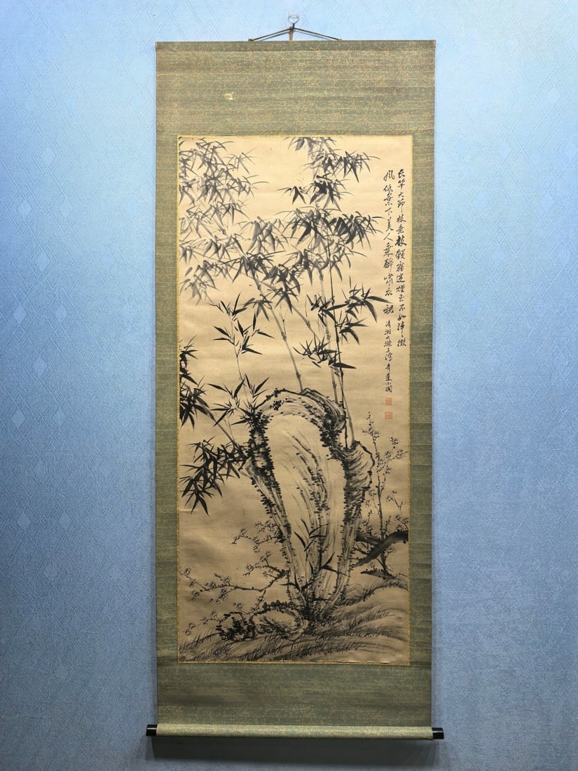 A Chinese Vertical Scroll Ink Painting of Bamboos on Paper: A Chinese Vertical Scroll Ink Painting of Bamboos on Paper,Qing Dynasty, China,Shi Tao,without frame size:23.5inx53.5in
