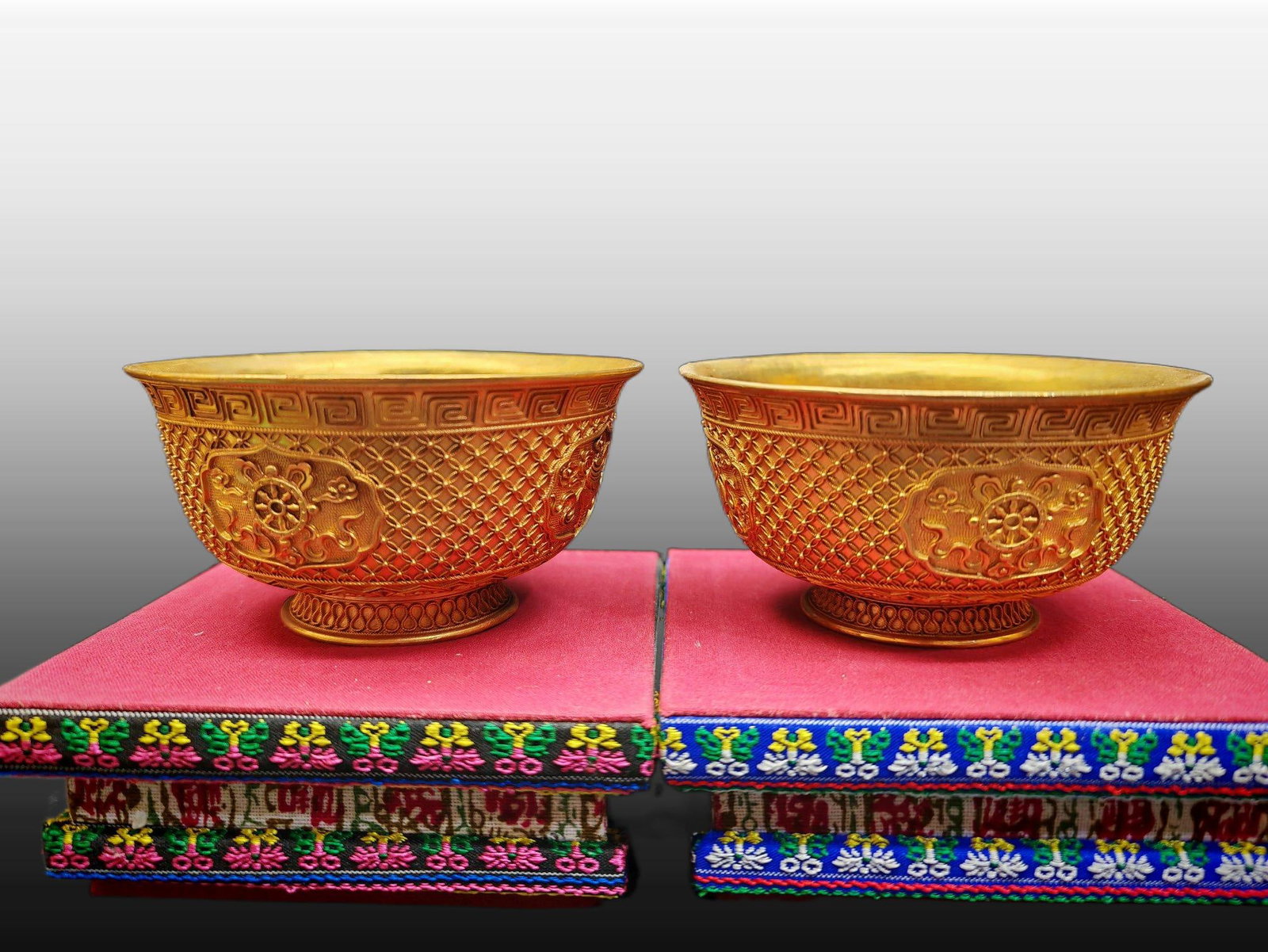 A pair of Exquisite Gilt Bronze Eight Treasures Pattern Bowl: A pair of Exquisite Gilt Bronze Eight Treasures Pattern Bowl,Qing Dynasty, China,Qianlong Four-character Mark,Size:4.7inx2.4in