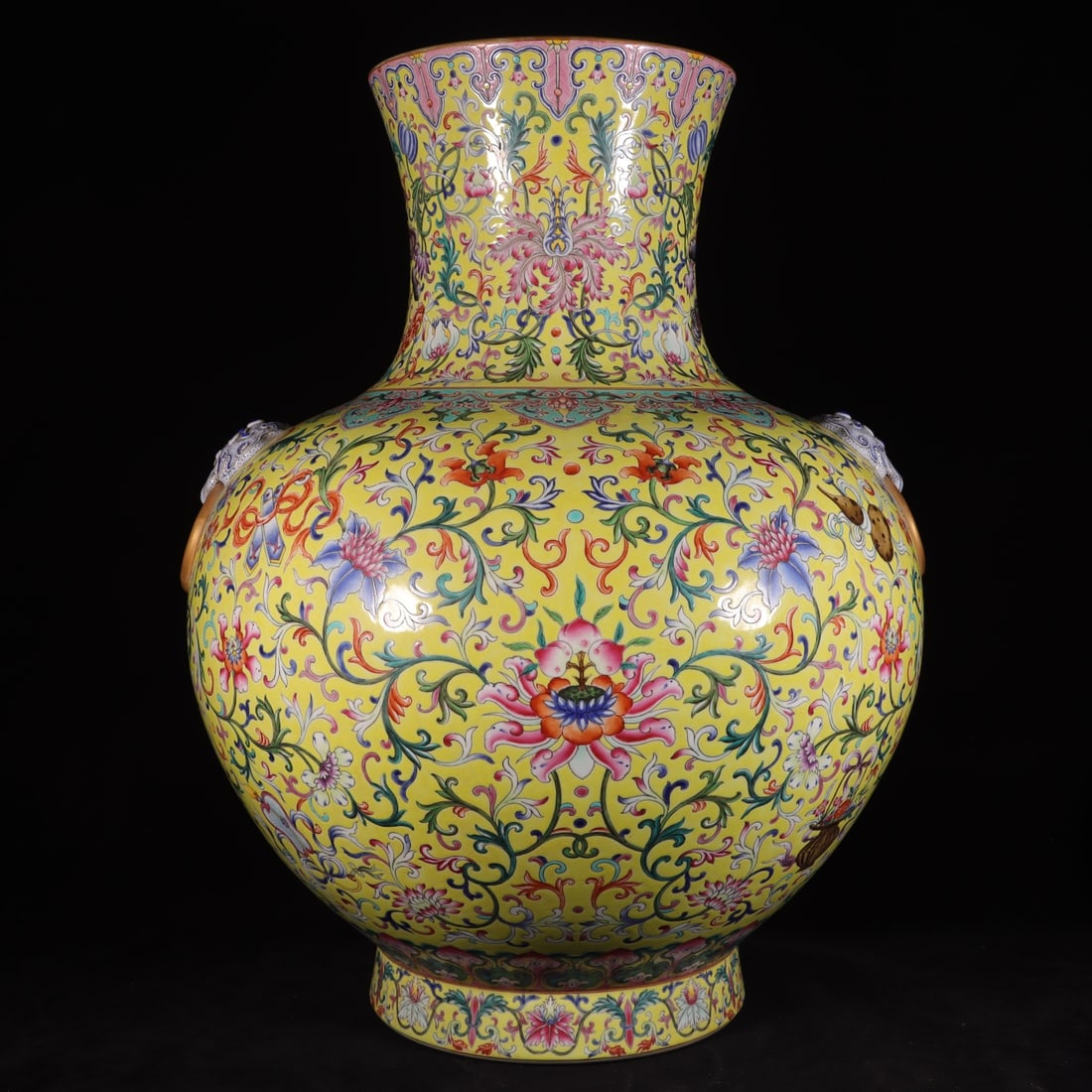Yellow Ground Famille-Rose Flower Pattern Vase: Yellow Ground Famille-Rose Flower Pattern Vase,Qing Dynasty, China,Qianlong Six-character Mark,Size:23inx8.9inx17.7in