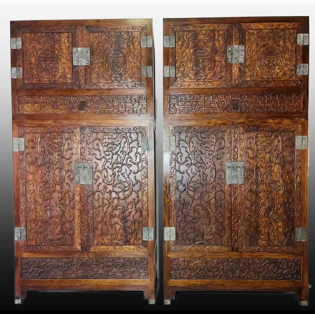 A pair of Exquisite Huanghuali Wood Cabinets: A pair of Exquisite Huanghuali Wood Cabinets,Qing Dynasty, China,Size:126inx126inx31.5in 一对黄花梨柜子,中国清代