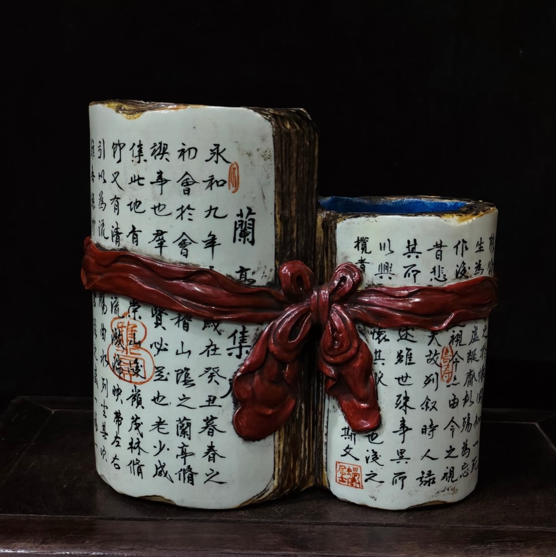 A Exquisite Bionic Porcelain Scroll Brush Pot: A Exquisite Bionic Porcelain Scroll Brush Pot,Qing Dynasty, China,Size:5.9inx6.1in 仿生瓷书卷笔筒,中国清代