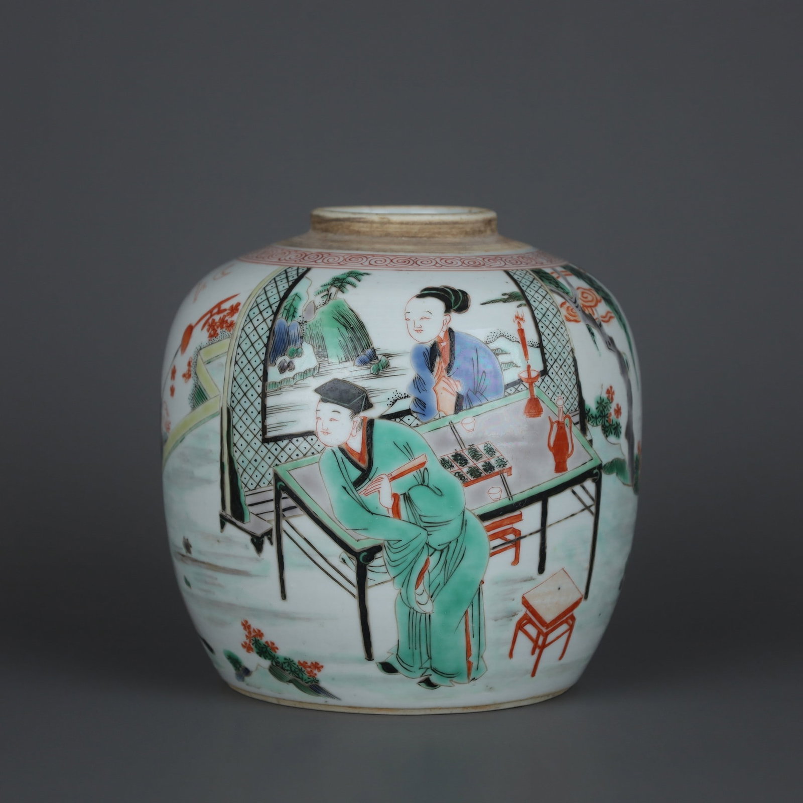 A Exquisite Wucai Figure Pattern Jar: A Exquisite Wucai Figure Pattern Jar,Qing Dynasty, China,Kangxi Four-character Mark,Size:5.2inx5.3in 五彩人物纹罐,中国清代,康熙&