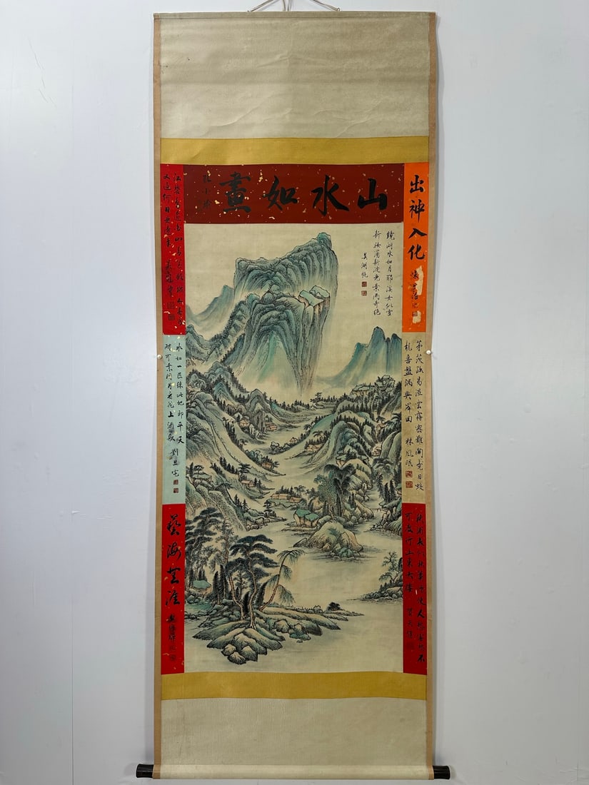 A Chinese Vertical Scroll Ink Painting of Landscape on Paper: A Chinese Vertical Scroll Ink Painting of Landscape on Paper,Modern Time of China,Wu Hufan,without frame size:60.2inx31.5in