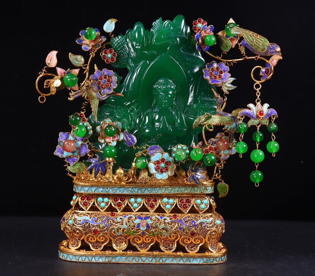 A Exquisite Filigree Gilt Inlaid Jadeite Buddha statue Ornament: A Exquisite Filigree Gilt Inlaid Jadeite Buddha statue Ornament,Qing Dynasty, China,Qianlong Four-character Mark,Size:10inx9.4inx3in,Weight:1079g