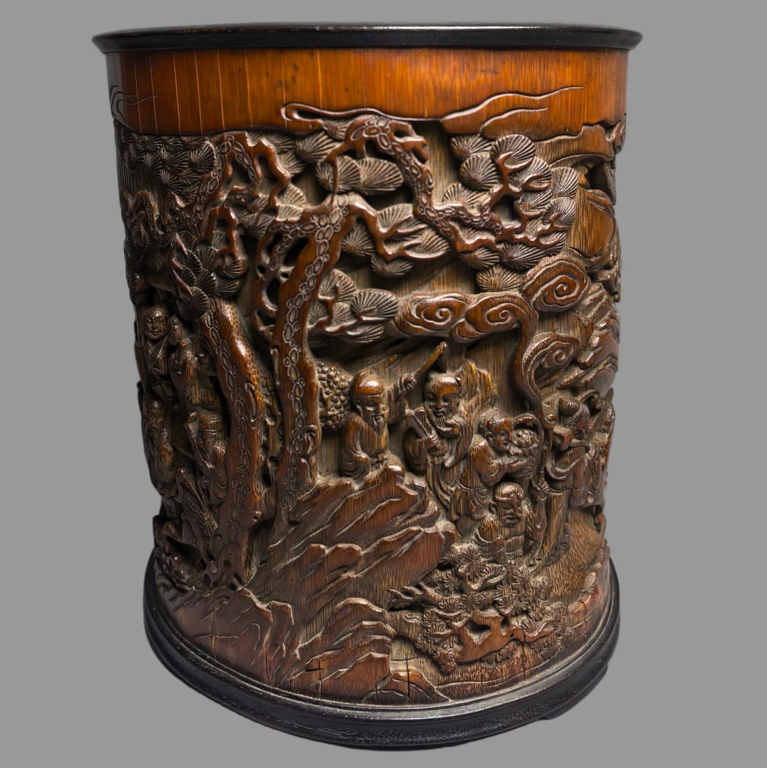 A Exquisite Bamboo Carved Character and Story Pattern Brush Pot: A Exquisite Bamboo Carved Character and Story Pattern Brush Pot,Qing Dynasty, China,Size:6.3inx5.7inx7.5in,Weight:760g 竹雕人物故事纹笔筒,中