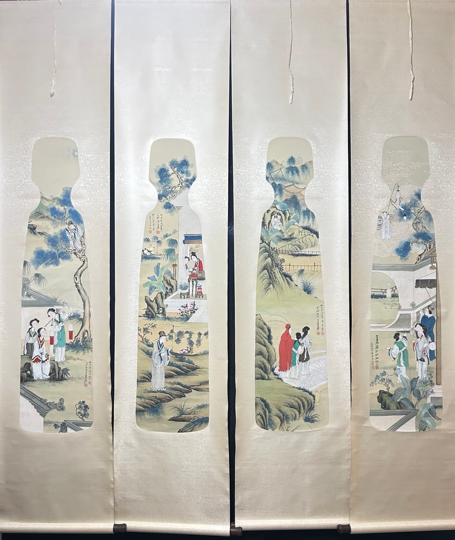 A Set of Chinese Vertical Scroll Ink Painting of Figures on Silk: A Set of Chinese Vertical Scroll Ink Painting of Figures on Silk,Modern Time of China,Zhang Daqian,without frame size:50inx12.2in 一套中国水墨绢本ߟ