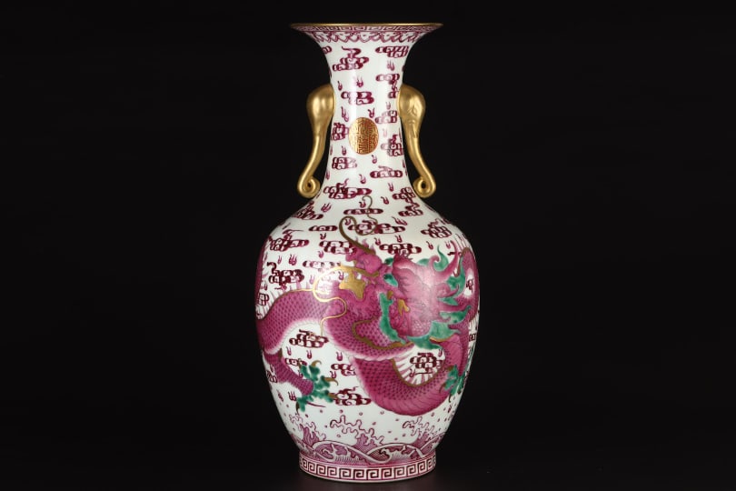 A Exquisite Ruby Red-Glazed Painted Gold Dragon Pattern Elephant-Ears Vase - 2