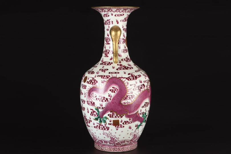 A Exquisite Ruby Red-Glazed Painted Gold Dragon Pattern Elephant-Ears Vase - 3