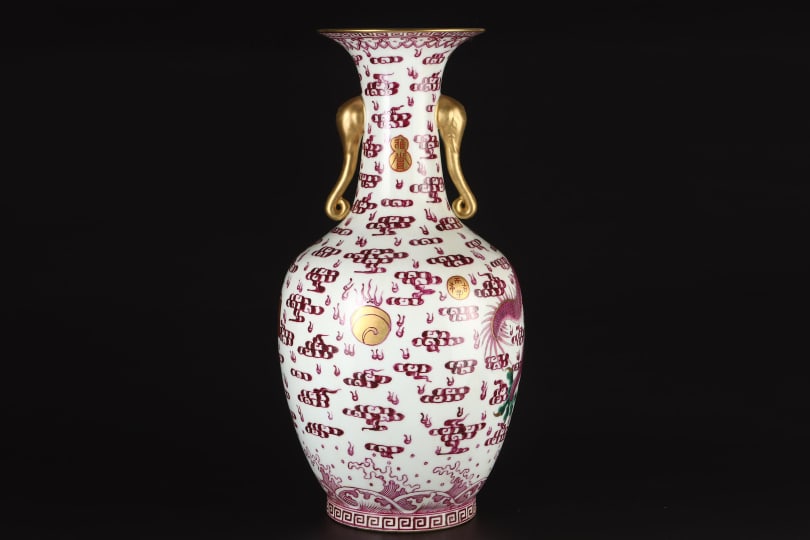 A Exquisite Ruby Red-Glazed Painted Gold Dragon Pattern Elephant-Ears Vase - 4