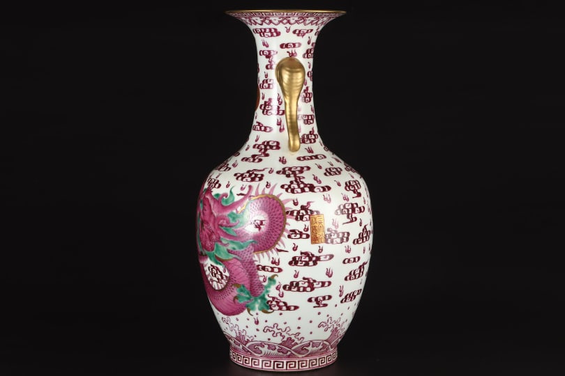 A Exquisite Ruby Red-Glazed Painted Gold Dragon Pattern Elephant-Ears Vase - 5
