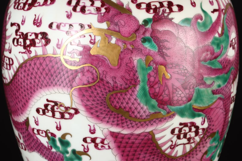 A Exquisite Ruby Red-Glazed Painted Gold Dragon Pattern Elephant-Ears Vase - 6