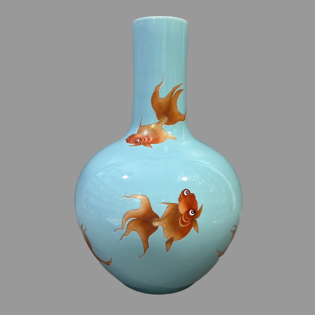 A Exquisite Turquoise-Glazed Fish and Lotus Pattern Vase: A Exquisite Turquoise-Glazed Fish and Lotus Pattern Vase,Qing Dynasty, China,With Mark,Size:7.1inx14in