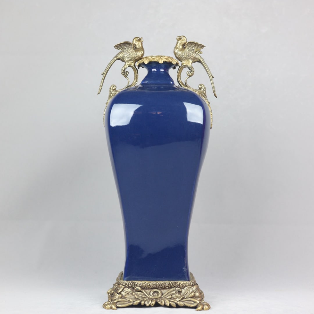 A Exquisite Ji Blue Glazed Copper Inlay Bird Ears Vase: A Exquisite Ji Blue Glazed Copper Inlay Bird Ears Vase,Qing Dynasty, China,Yongzheng Six-character Mark,Size:17.7inx3inx8.7inx6.7in 霁蓝釉镶铜鸟耳瓶,