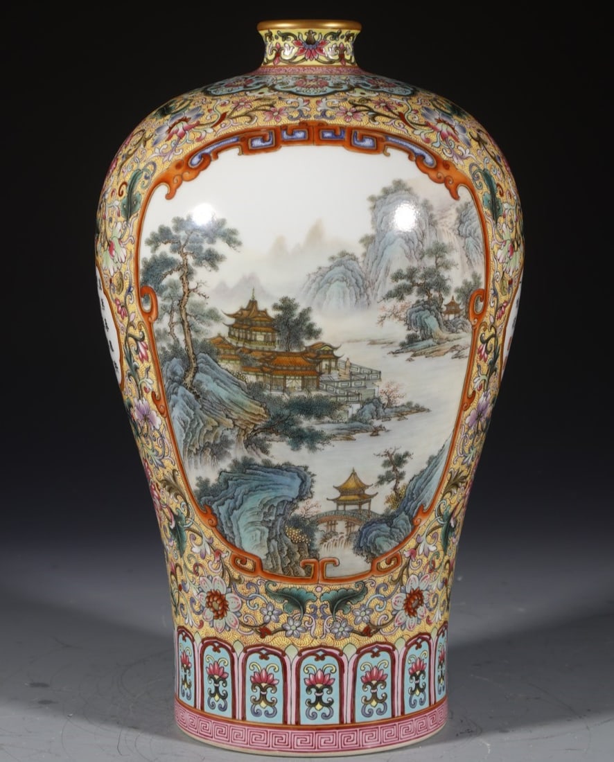 A Exquisite Enamel Landscape Pattern Vase: A Exquisite Enamel Landscape Pattern Vase,Qing Dynasty, China,Qianlong Six-character Mark,Size:12.6inx1.8inx4.7in