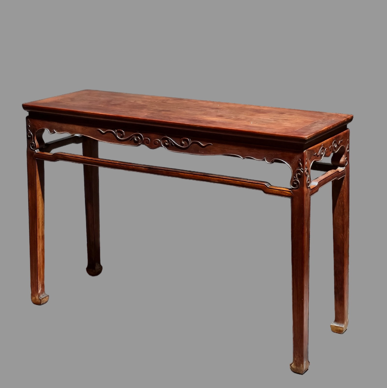 A Exquisite Huanghuali Wood Lotus Pattern Table: A Exquisite Huanghuali Wood Lotus Pattern Table,Qing Dynasty, China,Size:47.2inx15.7inx32.7in 黄花梨缠枝莲纹桌,中国清代