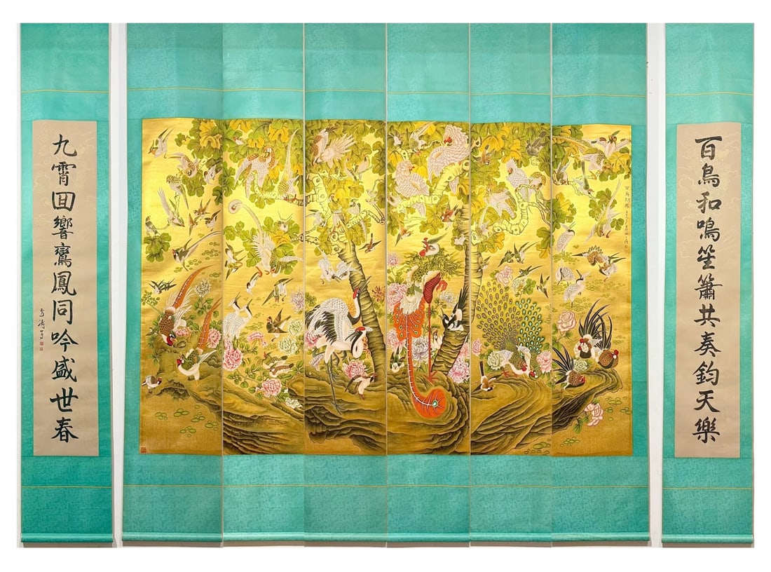 A Set of Chinese Vertical Scroll Ink Paintings of Flowers and Birds on Paper: A Set of Chinese Vertical Scroll Ink Paintings of Flowers and Birds on Paper,Modern Time of China,Zhang Daqian,withoutframesize:96.9inx65.4in