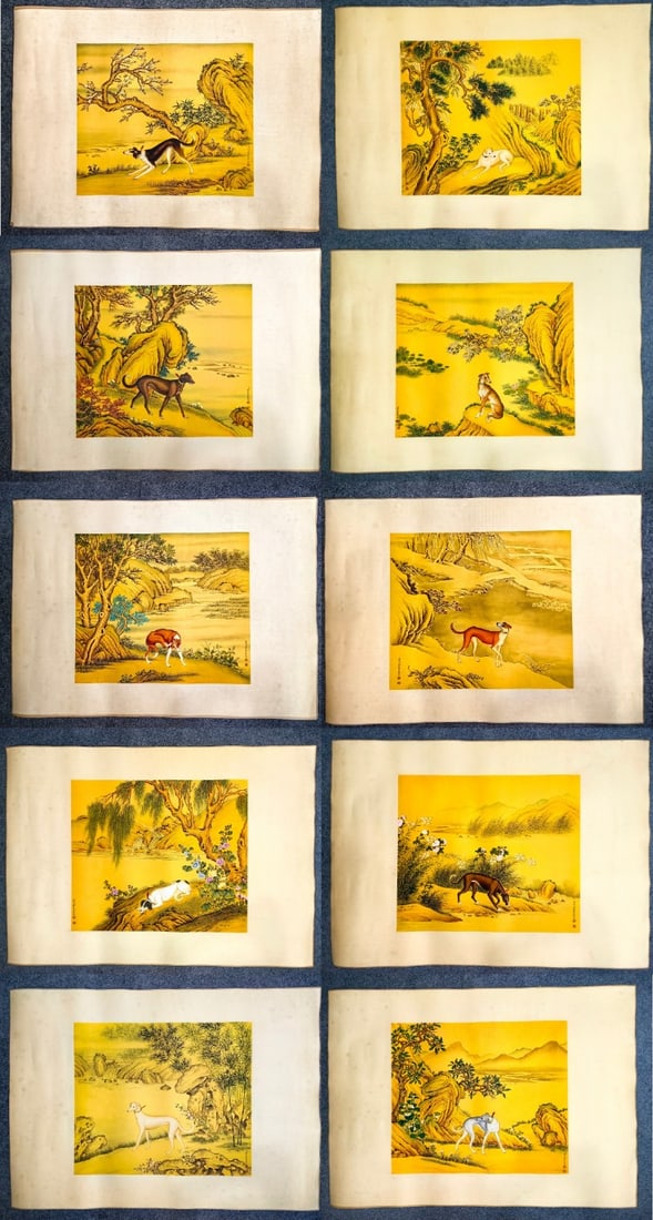A Set of Chinese Ink Paintings of Dogs on Silk: A Set of Chinese Ink Paintings of Dogs on Silk,Qing Time of China,Lang shi ning,withoutframesize:20.5inx17.7in