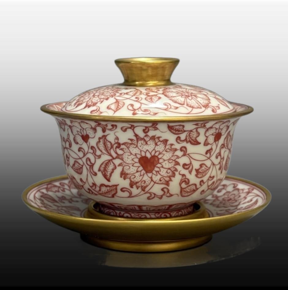 A Exquisite Underglaze-Red Painted Gold Flower Pattern Bowl: A Exquisite Underglaze-Red Painted Gold Flower Pattern Bowl,Qing Dynasty, China,Qianlong Four-character Mark,Size:3.5inx4.7in