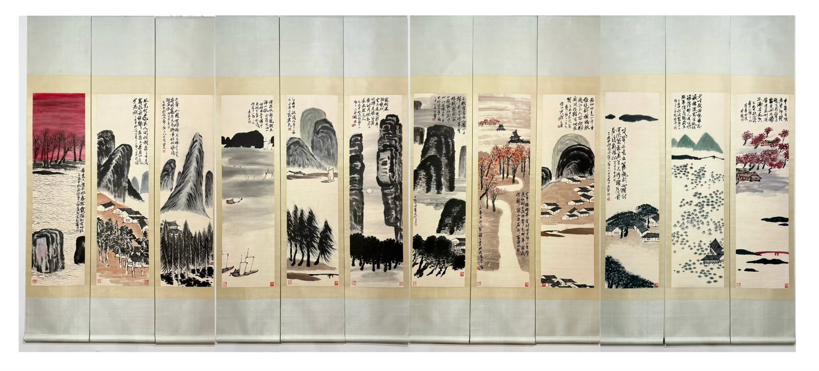 A Set of Chinese Vertical Scroll Ink Paintings of Landscape on Paper: A Set of Chinese Vertical Scroll Ink Paintings of Landscape on Paper,Modern Time of China,Qi Baishi,without frame size:47.2inx13in 一套中国水墨纸本ì