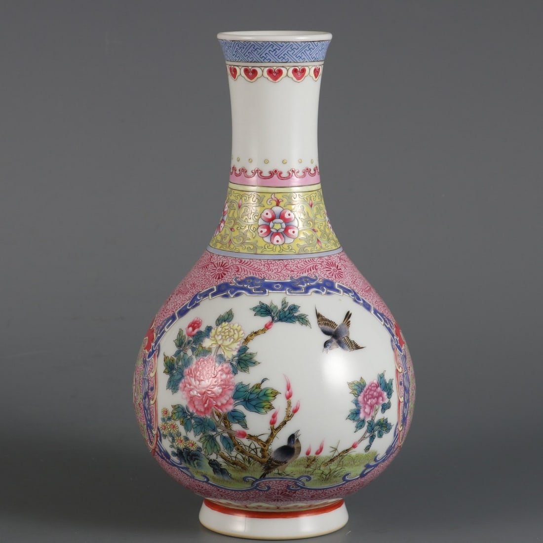 A Exquisite Enamel Flower and Bird Pattern Vase: A Exquisite Enamel Flower and Bird Pattern Vase,Qing Dynasty, China,Yongzheng Six-character Mark,Size:8.3inx4.5inx1.8in 珐琅彩花鸟纹瓶,中国清