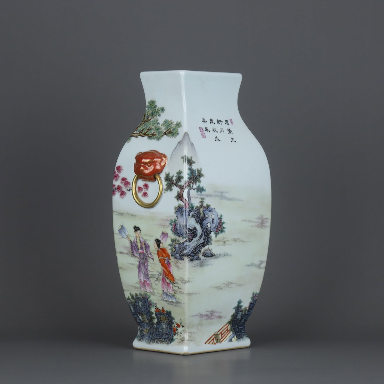 A Exquisite Famille Rose Figure Story Pattern Beast Ears Vase: A Exquisite Famille Rose Figure Story Pattern Beast Ears Vase,Qing Dynasty, China,Qianlong Six-character Mark,Size:12.5inx7.4in 粉彩人物故事纹兽耳