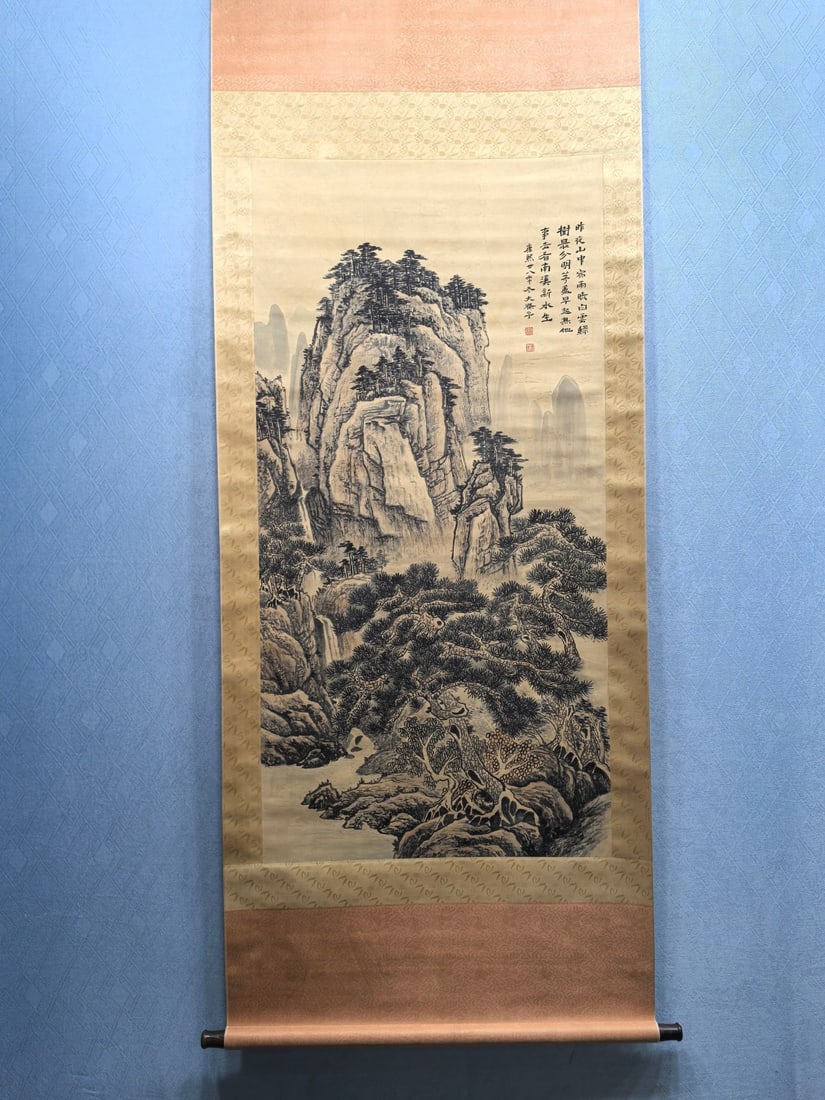 A Chinese Vertical Scroll Ink Painting of Landscape on Paper: A Chinese Vertical Scroll Ink Painting of Landscape on Paper,Qing Dynasty, China,Shi Tao,without frame size:26.8inx53.6in 一幅中国水墨纸本山૒