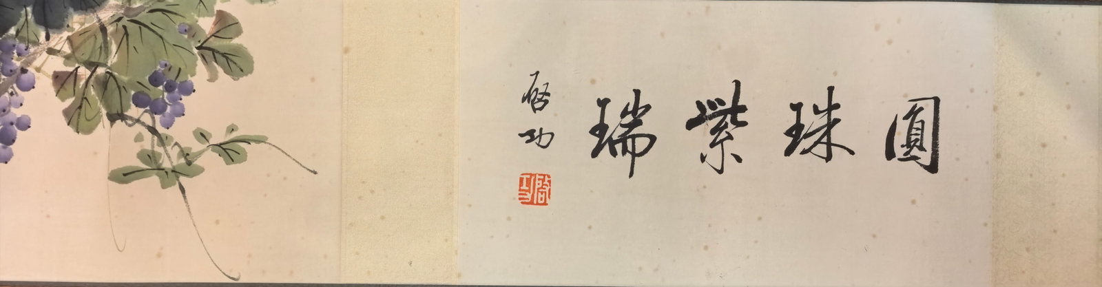 A Chinese Hand Scroll Ink Flower and Fruit Painting on Paper: A Chinese Hand Scroll Ink Flower and Fruit Painting on Paper,Modern Time of China,Qi Gong,without frame size:68.1inx6.7in 一幅中国水墨纸本花ੜ