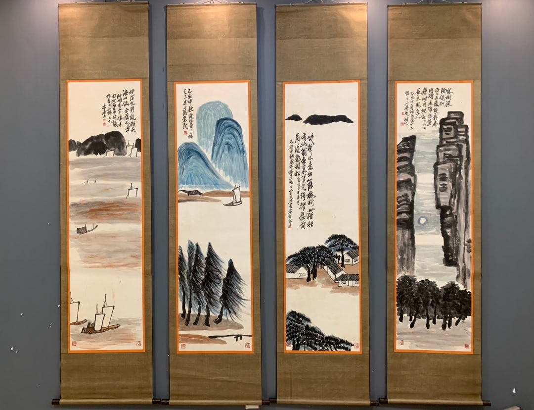 A Set of Chinese Vertical Scroll Ink Paintings of Landscape on Paper: A Set of Chinese Vertical Scroll Ink Paintings of Landscape on Paper,Modern Time of China,Qi Baishi,without frame size:19.7inx70.9in 一套中国水墨纸本