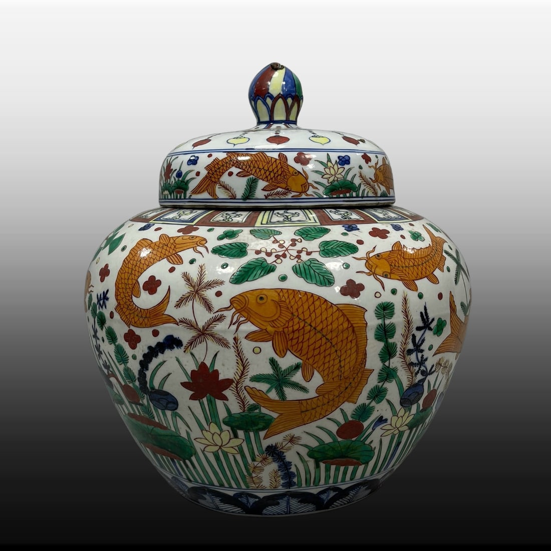 A Exquisite Doucai Fish and Lotus Pattern Jar: A Exquisite Doucai Fish and Lotus Pattern Jar,Ming Dynasty, China,Jiajing Six-character Mark,Size:15.4inx13in 斗彩鱼藻纹罐,中国明代,嘉