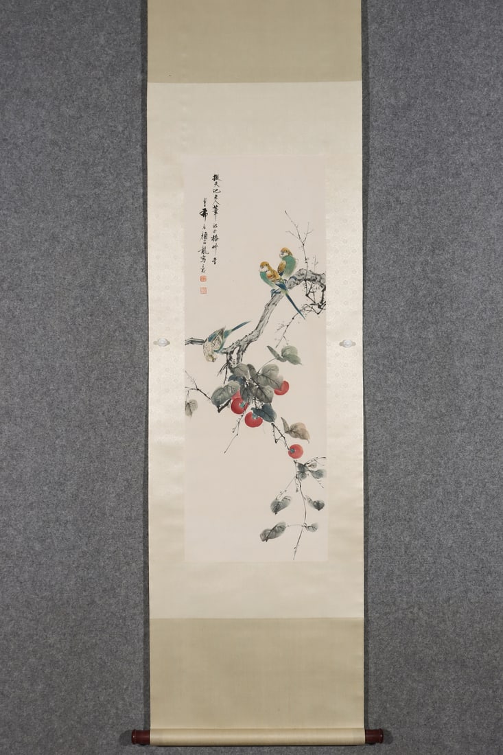 A Chinese Vertical Scroll Ink Painting of Flower and Bird on Paper: A Chinese Vertical Scroll Ink Painting of Flower and Bird on Paper,Modern Time of China,Yan Bolong,without frame size:38.6inx13.4in 一幅中国水墨纸本!