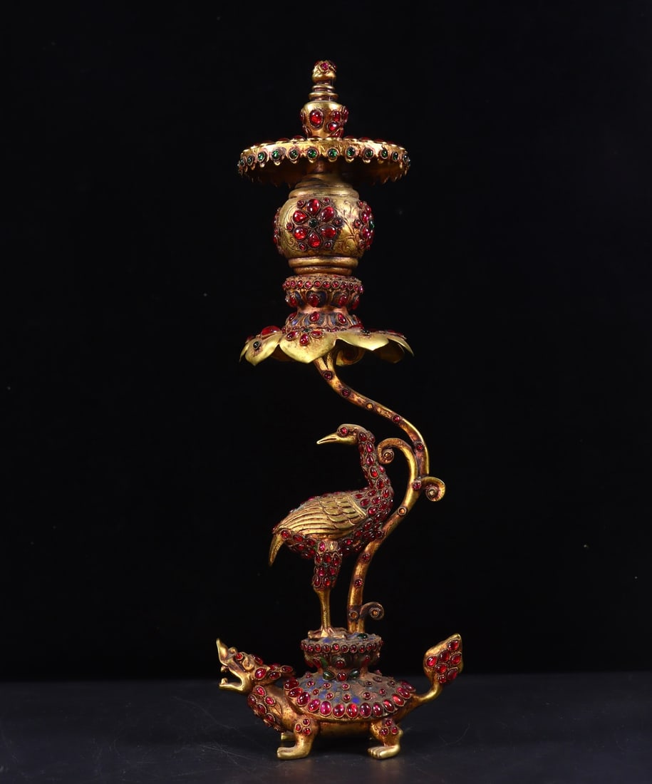 A Exquisite Gilt Bronze Inlaid Gems Crane Ornament: A Exquisite Gilt Bronze Inlaid Gems Crane Ornament,Qing Dynasty, China,Qianlong Four-character Mark,Size:14inx4.9inx3.1in,Weight:1499g 铜鎏金镶嵌宝石鹤&