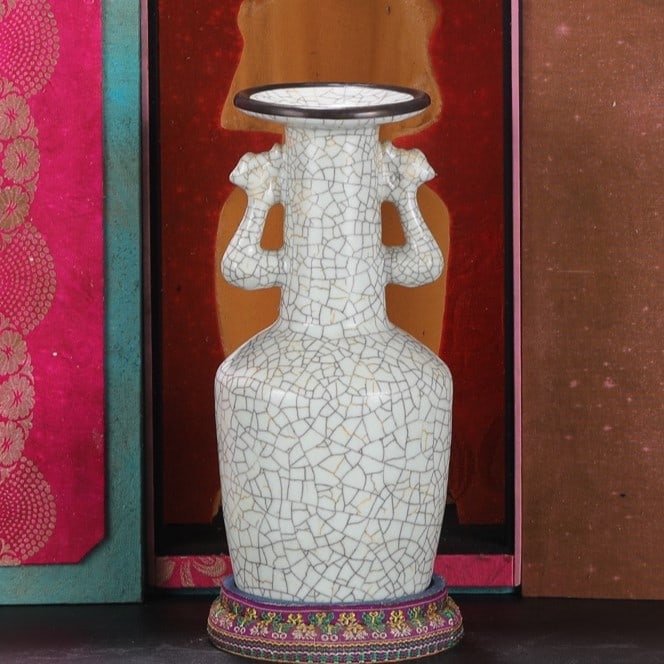 A Exquisite Ge yao Rice White Glazed With Silver Phoenix-Ears Vase: A Exquisite Ge yao Rice White Glazed With Silver Phoenix-Ears Vase,Song Dynasty, China,With Mark,Size:9.8inx3.7inx4.5in 哥窑米白釉银口凤耳瓶