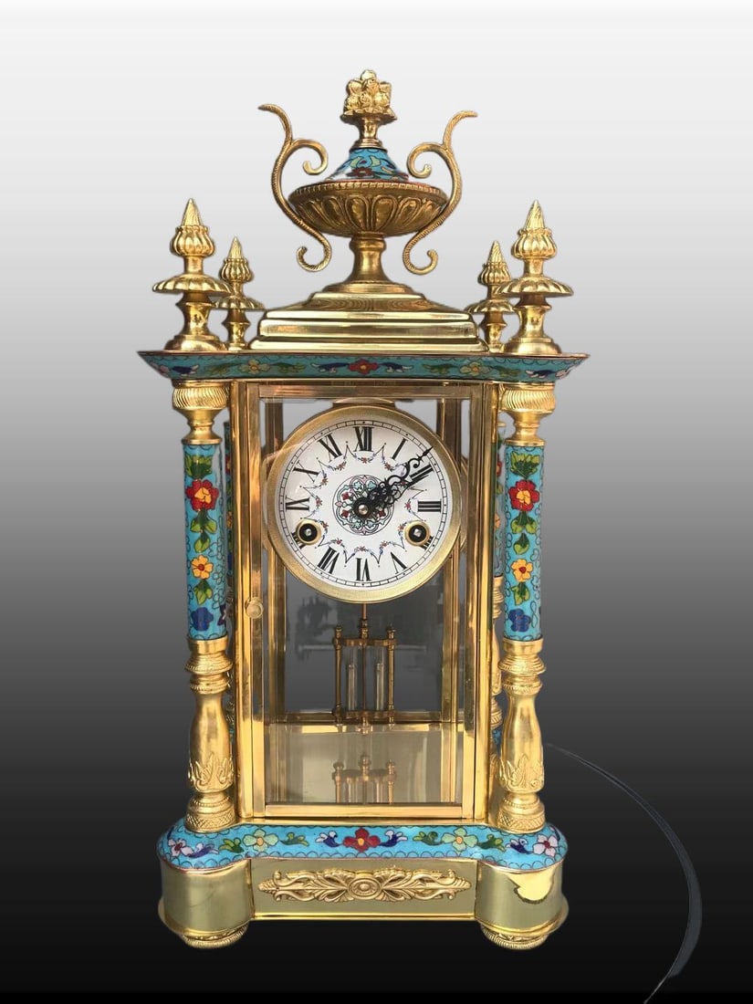 A Exquisite Cloisonne Gilt Bronze Mantel Clock: A Exquisite Cloisonne Gilt Bronze Mantel Clock,Modern Time of China,Size:20.5inx9.4inx7.9in 景泰蓝铜鎏金座钟,近现代
