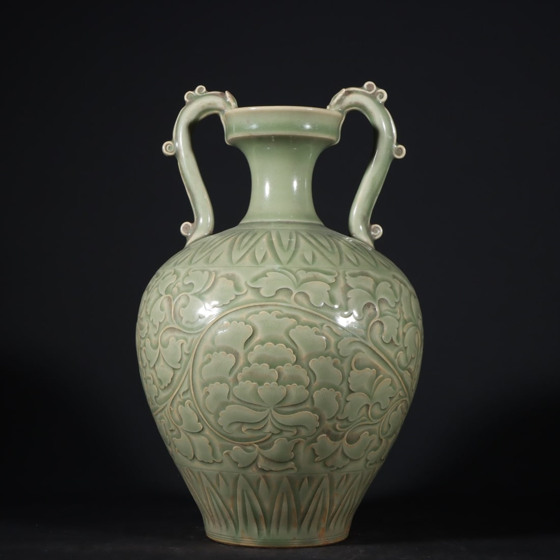 A Exquisite Yaozhou Yao Celadon Flower Pattern Dragon-Ears Vase: A Exquisite Yaozhou Yao Celadon Flower Pattern Dragon-Ears Vase,Song Dynasty, China,Size:11.2inx7.1in 耀州窑青釉花卉纹龙耳瓶,中&