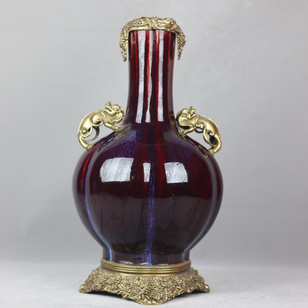 A Exquisite Langyao Red Copper Inlay Double-Ears Vase: A Exquisite Langyao Red Copper Inlay Double-Ears Vase,Qing Dynasty, China,Yongzheng Six-character Mark,Size:16.9inx3.9inx9.1inx7.9in