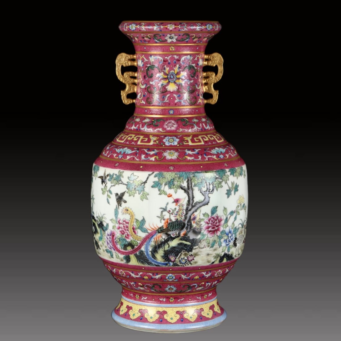 A Exquisite Ruby Red-Glazed Painted Gold Famille-Rose Flower and Bird Pattern Vase: A Exquisite Ruby Red-Glazed Painted Gold Famille-Rose Flower and Bird Pattern Vase,Qing Dynasty, China,Qianlong Six-character Mark,Size:19.7inx10.6in