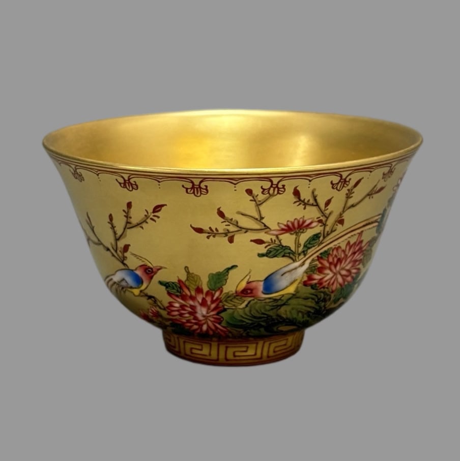 A Exquisite Enamel Gold Ground Flower and Bird Pattern Bowl: A Exquisite Enamel Gold Ground Flower and Bird Pattern Bowl,Qing Dynasty, China,Qianlong Four-character Mark,Size:2.4inx4.1in