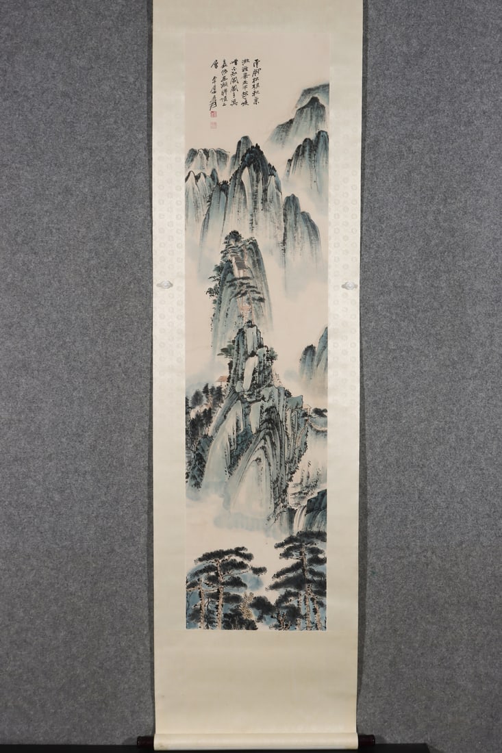 A Chinese Vertical Scroll Ink Painting of Landscape on Paper: A Chinese Vertical Scroll Ink Painting of Landscape on Paper,Modern Time of China,Zhang Daqian,without frame size:57.5inx13.8in