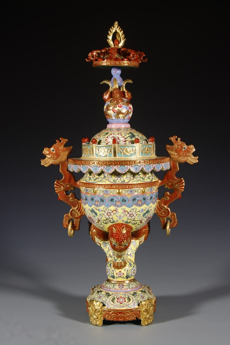 A Exquisite Yellow Ground Lotus Pattern Dragon-Ears Vase: A Exquisite Yellow Ground Lotus Pattern Dragon-Ears Vase,Qing Dynasty, China,Qianlong Four-character Mark,Size:18.5inx4.3inx4.3in