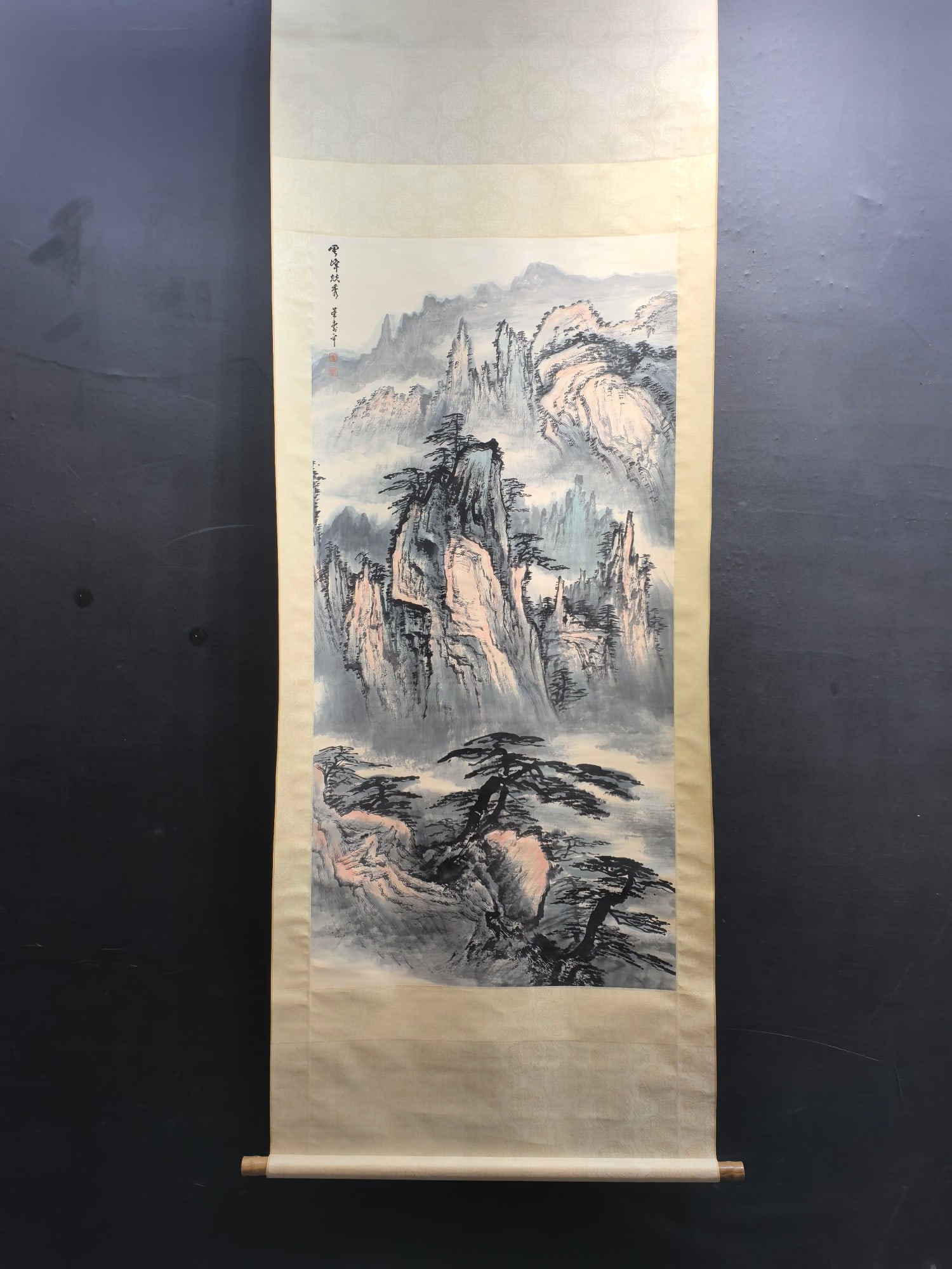 A Chinese Vertical Scroll Ink Painting of Landscape on Paper: A Chinese Vertical Scroll Ink Painting of Landscape on Paper,Modern Time of China,Dong Shouping,without frame size:26.1inx53.7in