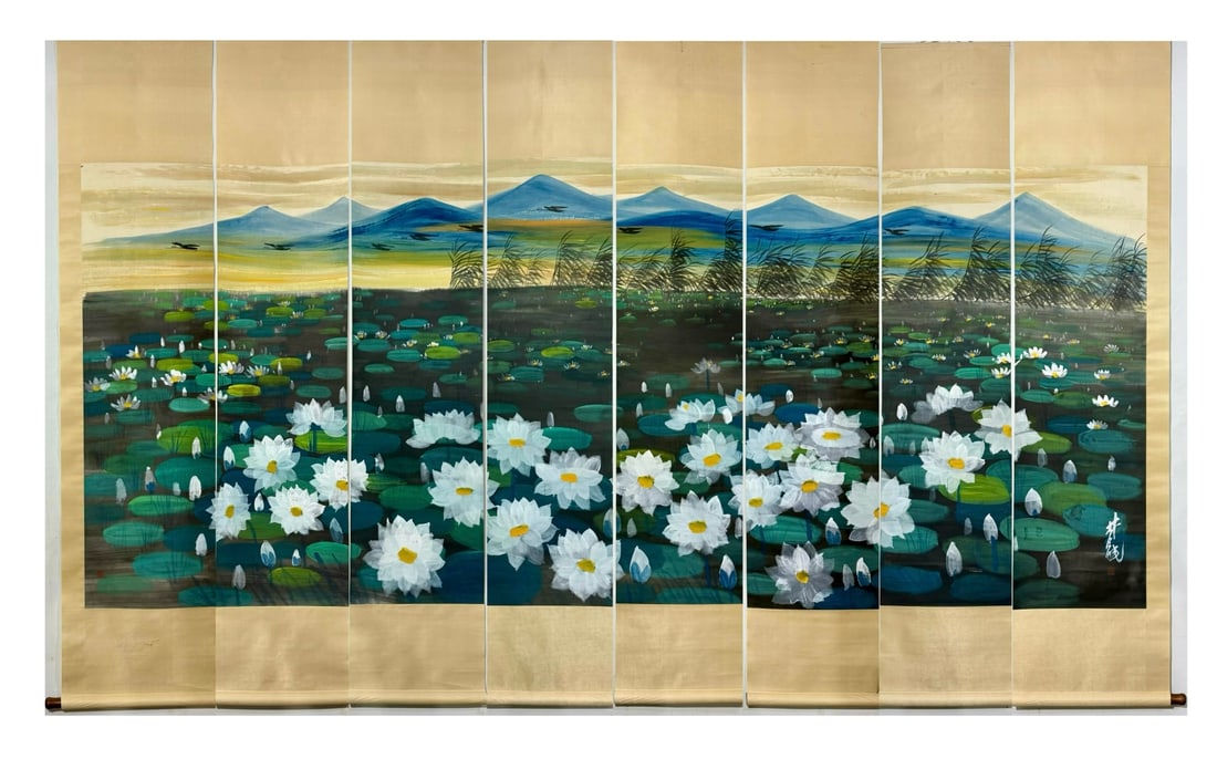 A Set of Chinese Vertical Scroll Ink Paintings of Flowers on Paper: A Set of Chinese Vertical Scroll Ink Paintings of Flowers on Paper,Modern Time of China,Lin Fengmian,without frame size:137.8inx57.1in