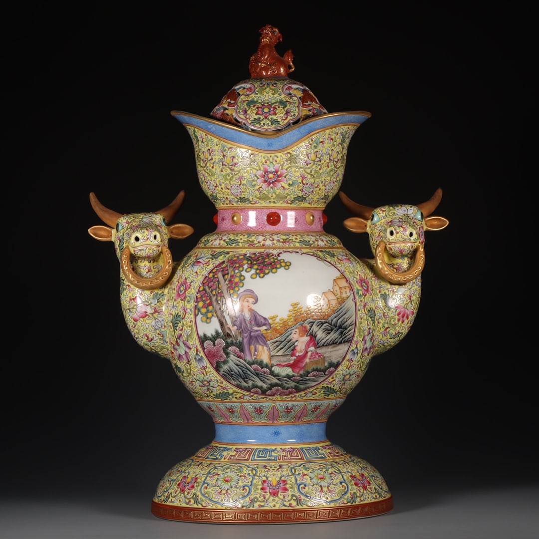Yellow Ground Famille-Rose Character and Story Pattern Buffalo Head Jar: Yellow Ground Famille-Rose Character and Story Pattern Buffalo Head Jar,Qing Dynasty, China,Yongzheng Four-character Mark,Size:19inx4.7inx9.3in 黄地粉彩人物故