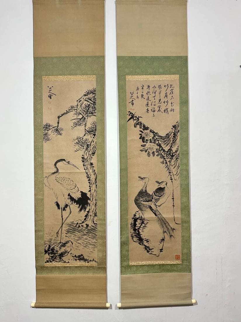 A Pair of Chinese Vertical Scroll Ink Paintings of Flowers and Birds on Paper (1 of 7)