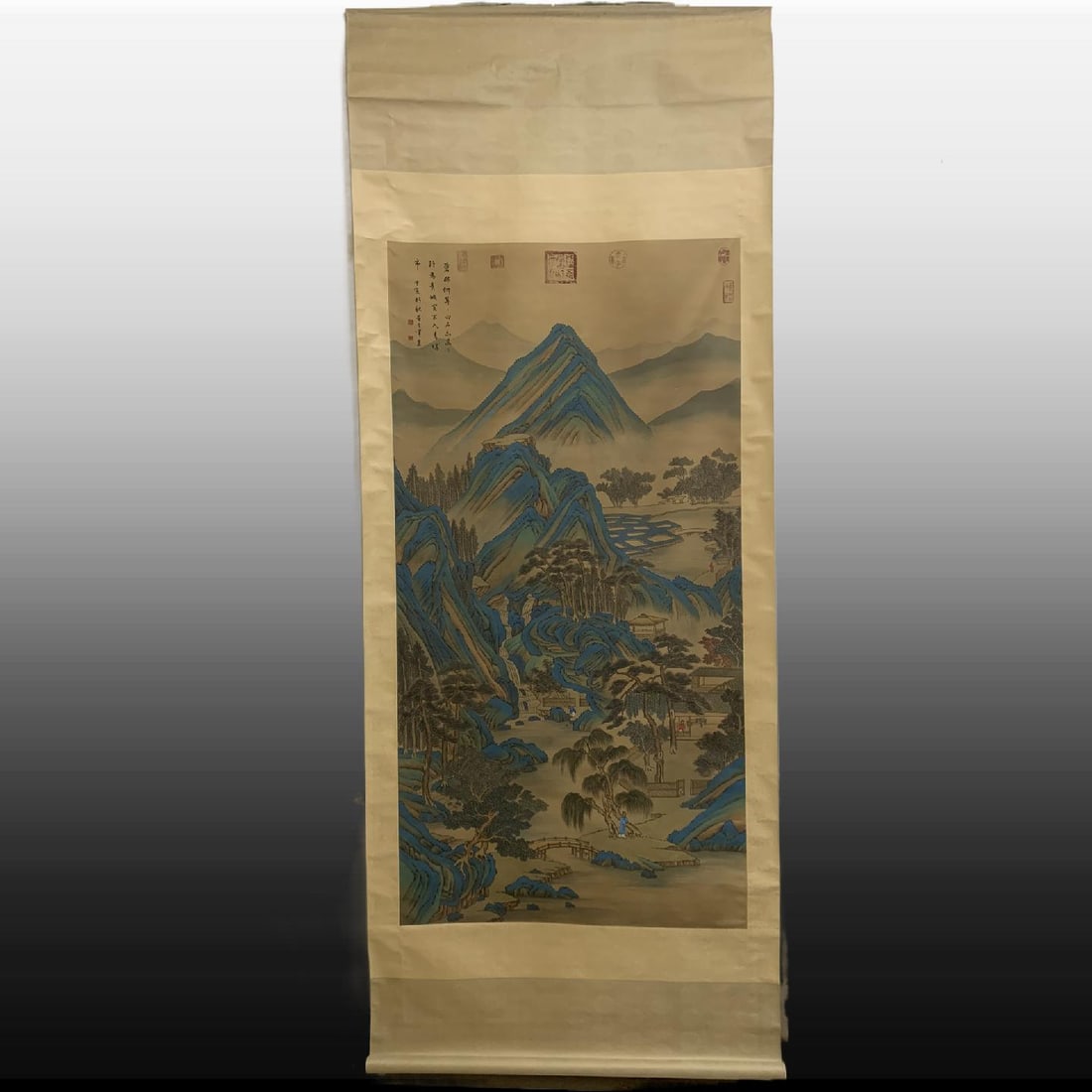 A Chinese Vertical Scroll Ink Painting of Landscape on Silk: A Chinese Vertical Scroll Ink Painting of Landscape on Silk,Ming Dynasty, China,Dong Qichang,without frame size:35.4inx66.9in 一幅中国水墨绢本山&#