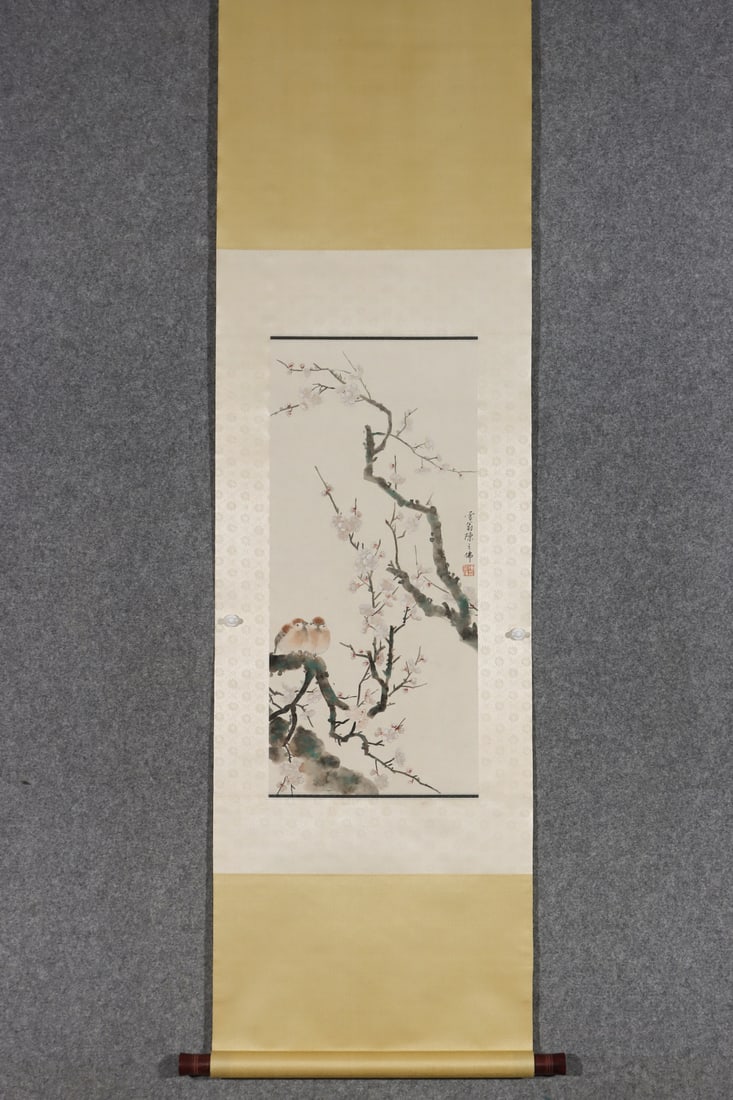 A Chinese Vertical Scroll Ink Painting of Flower and Bird on Paper: A Chinese Vertical Scroll Ink Painting of Flower and Bird on Paper,Modern Time of China,Chen Zhifo,without frame size:28inx12.6in 一幅中国水墨纸本഑