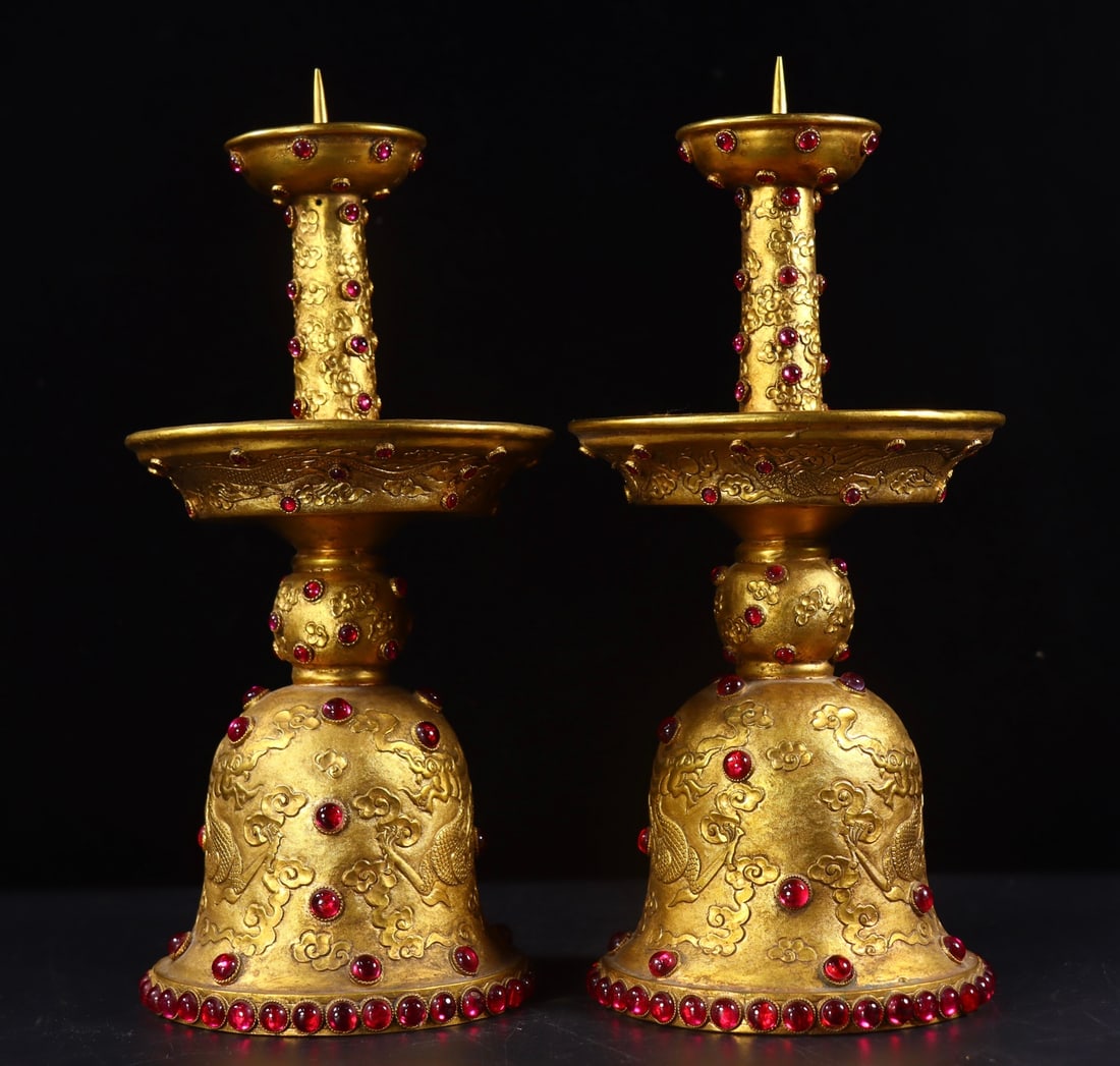 A pair of Exquisite Gilt Bronze Inlaid Gems Candlestick: A pair of Exquisite Gilt Bronze Inlaid Gems Candlestick,Qing Dynasty, China,Size:11inx4.9inx4.9in,Weight:1852g 一对铜鎏金镶嵌宝石烛台,