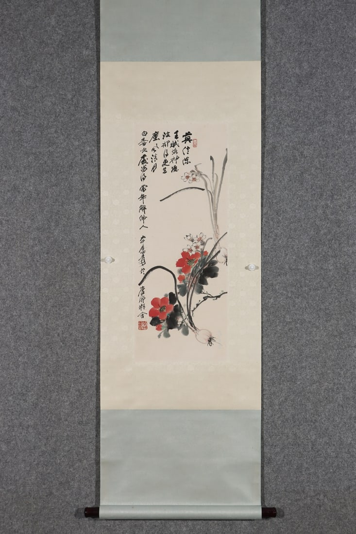 A Chinese Vertical Scroll Ink Painting of Flower on Paper: A Chinese Vertical Scroll Ink Painting of Flower on Paper,Modern Time of China,Zhang Daqian,without frame size:27.2inx10.6in