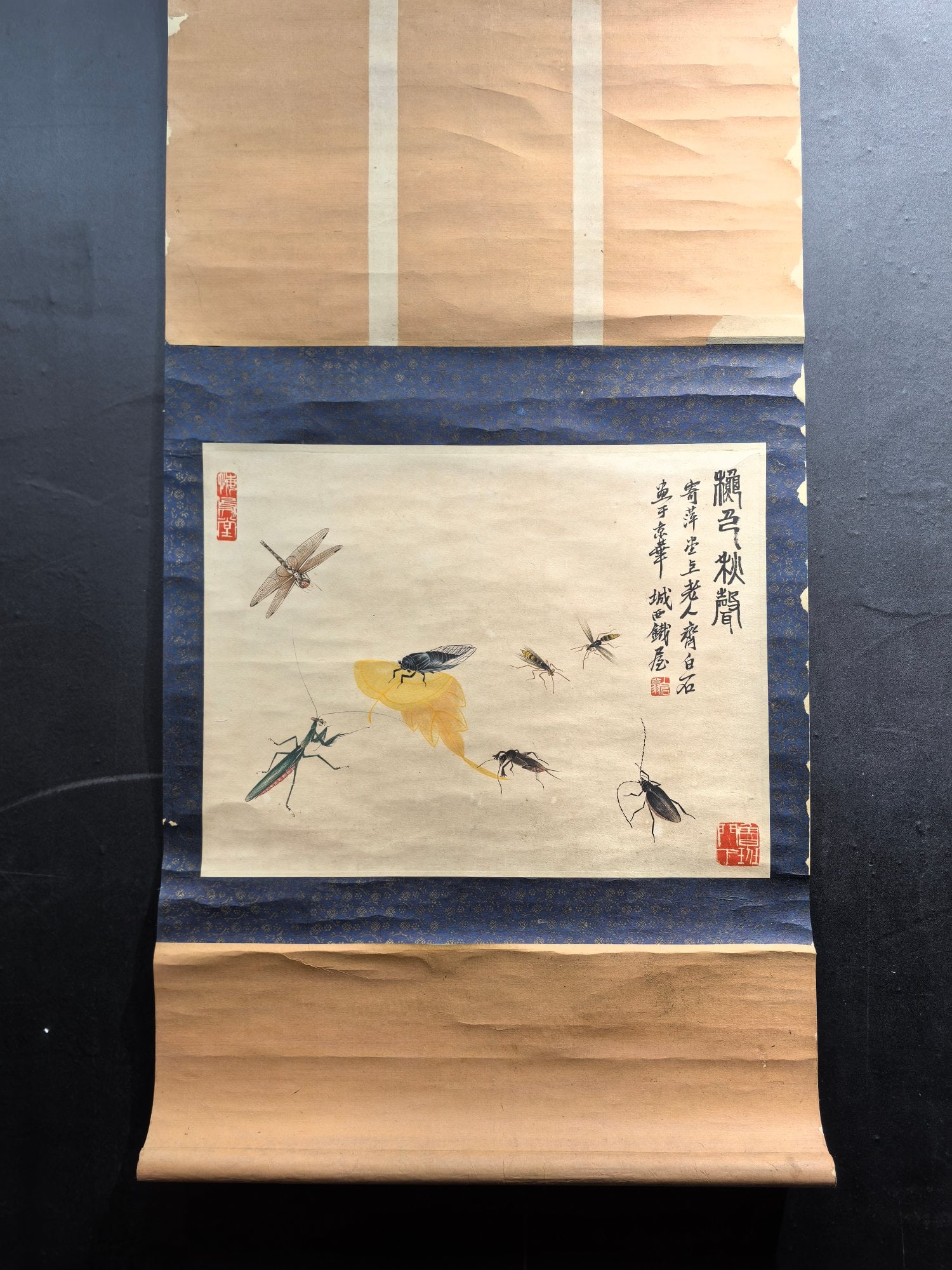 A Chinese Ink Painting of Grass and Insects on Paper: A Chinese Ink Painting of Grass and Insects on Paper,Modern Time of China,Qi Baishi,without frame size:17.8inx13.8in