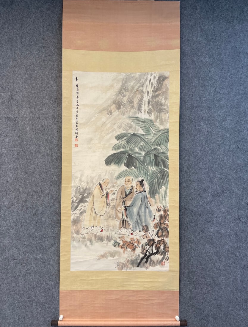 A Chinese Vertical Scroll Ink Painting of Figures on Paper: A Chinese Vertical Scroll Ink Painting of Figures on Paper,Modern Time of China,Fu Baoshi,without frame size:27.6inx55.1in